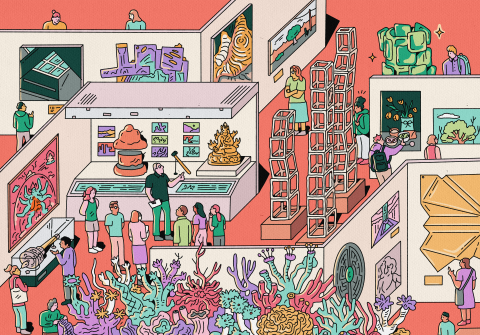 A vibrant, colorful isometric illustration of a bustling art museum. The illustration uses a clean, line-art style with a playful color palette of coral-pink, teal, and soft oranges.